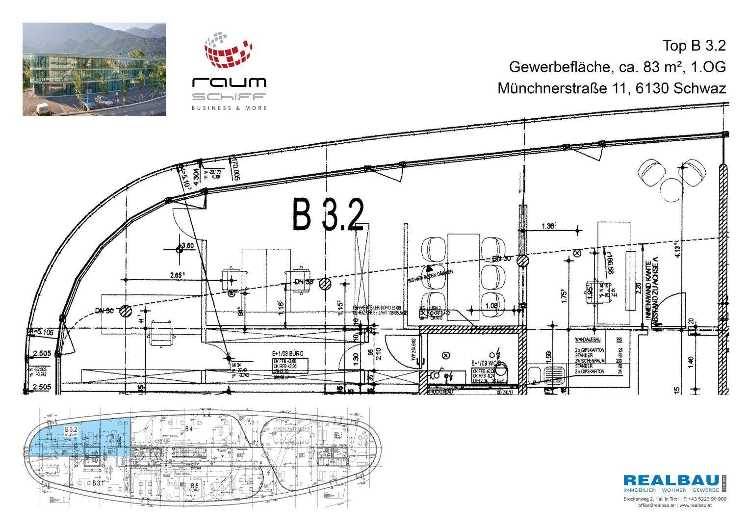 Detaillierter Grundriss der Gewerbefläche B 3.2 im ersten Obergeschoss mit flexiblen Bürobereichen und Sanitäranlagen.