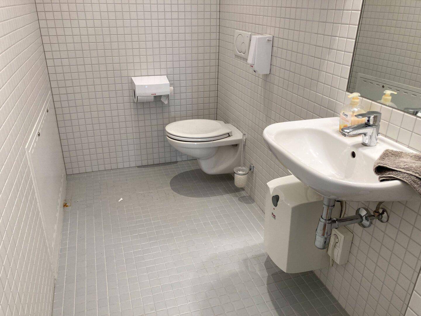 Kleine, geflieste Toilette mit wandhängendem WC und Waschbecken in schlichtem Design.