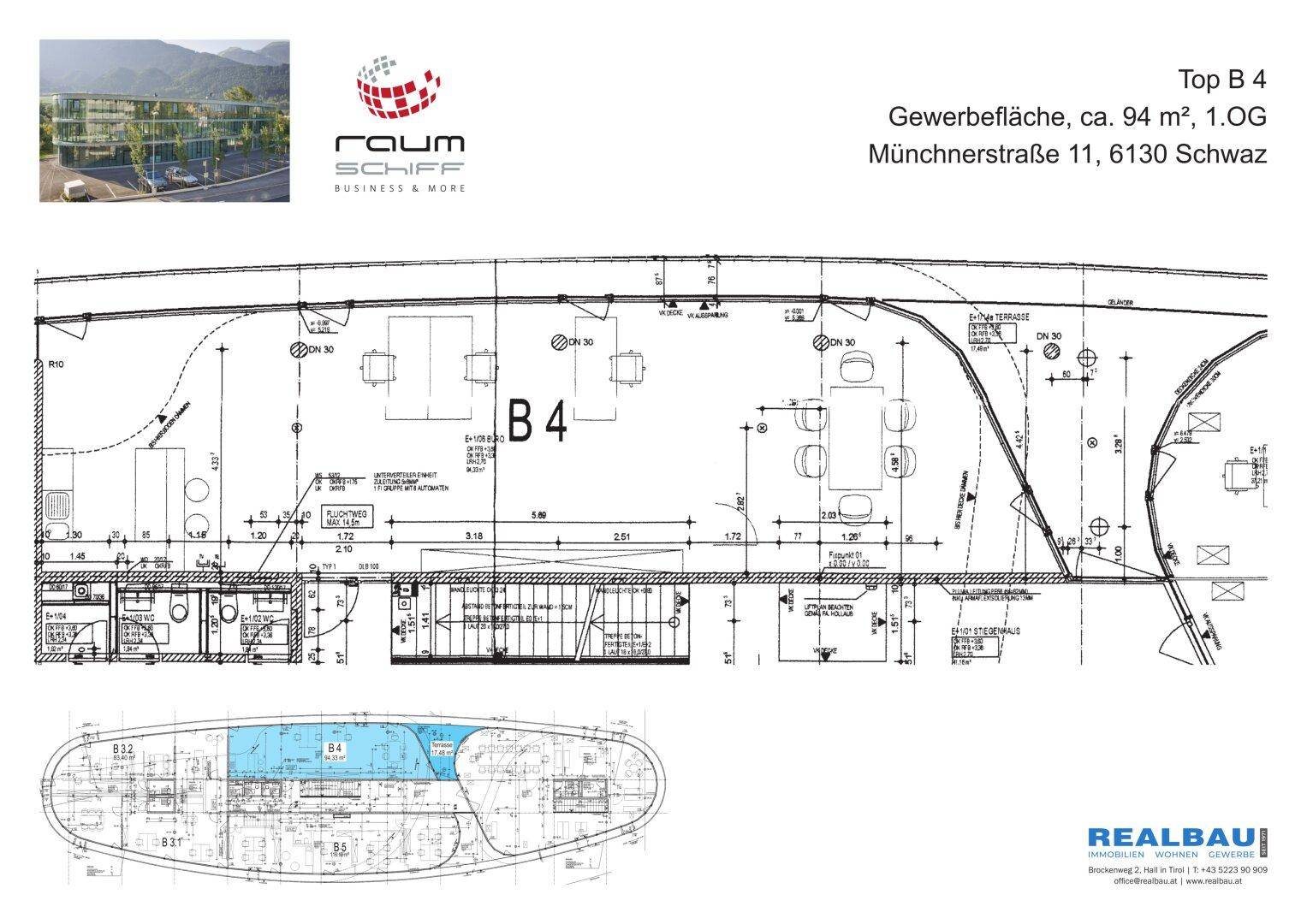 Detaillierter Grundriss der Gewerbefläche B4 mit Möblierungsvorschlägen und Terrassenzugang.