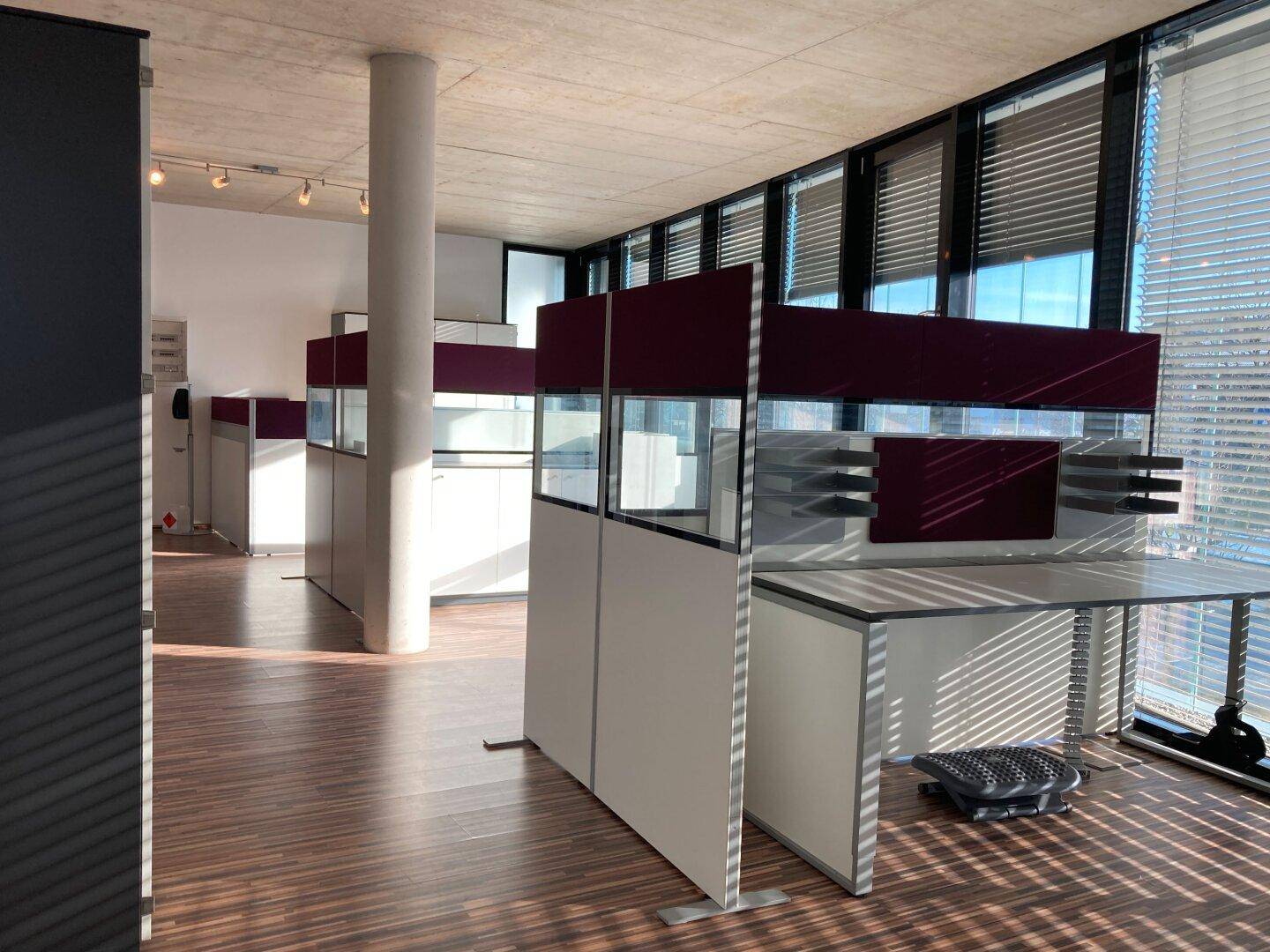 Offener Bürobereich mit modernen Arbeitsplätzen, Holzboden und großen Fenstern.
