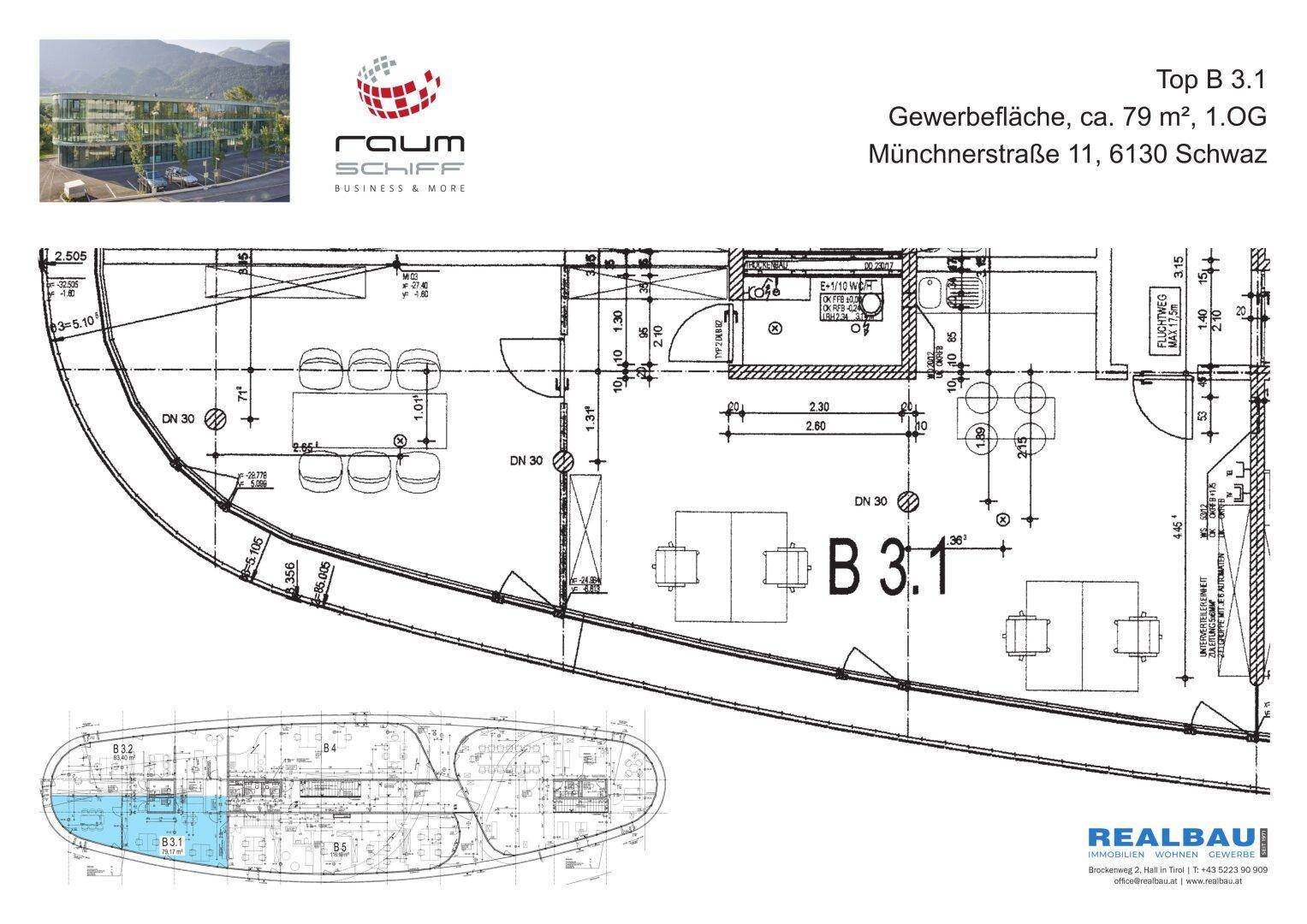 Detaillierter Grundriss einer Büroeinheit im ersten Obergeschoss mit flexibler Raumaufteilung.