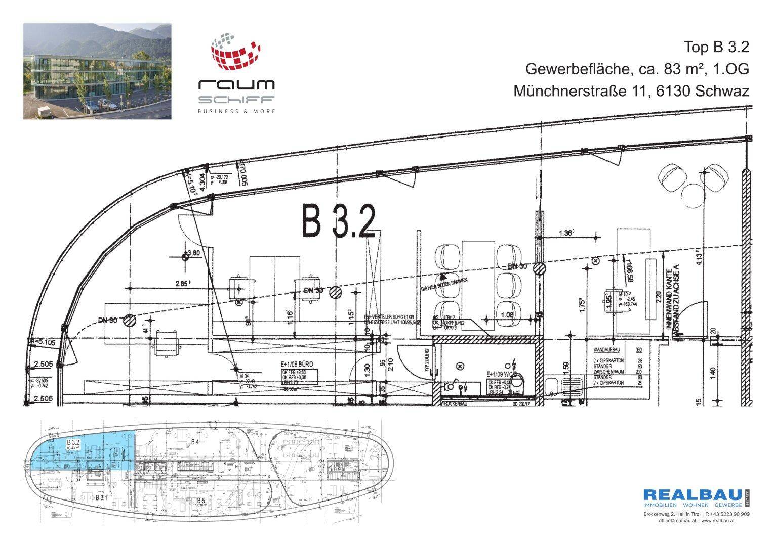 Grundriss der Büroeinheit B 3.2 im ersten Obergeschoss mit großzügiger Fensterfront.