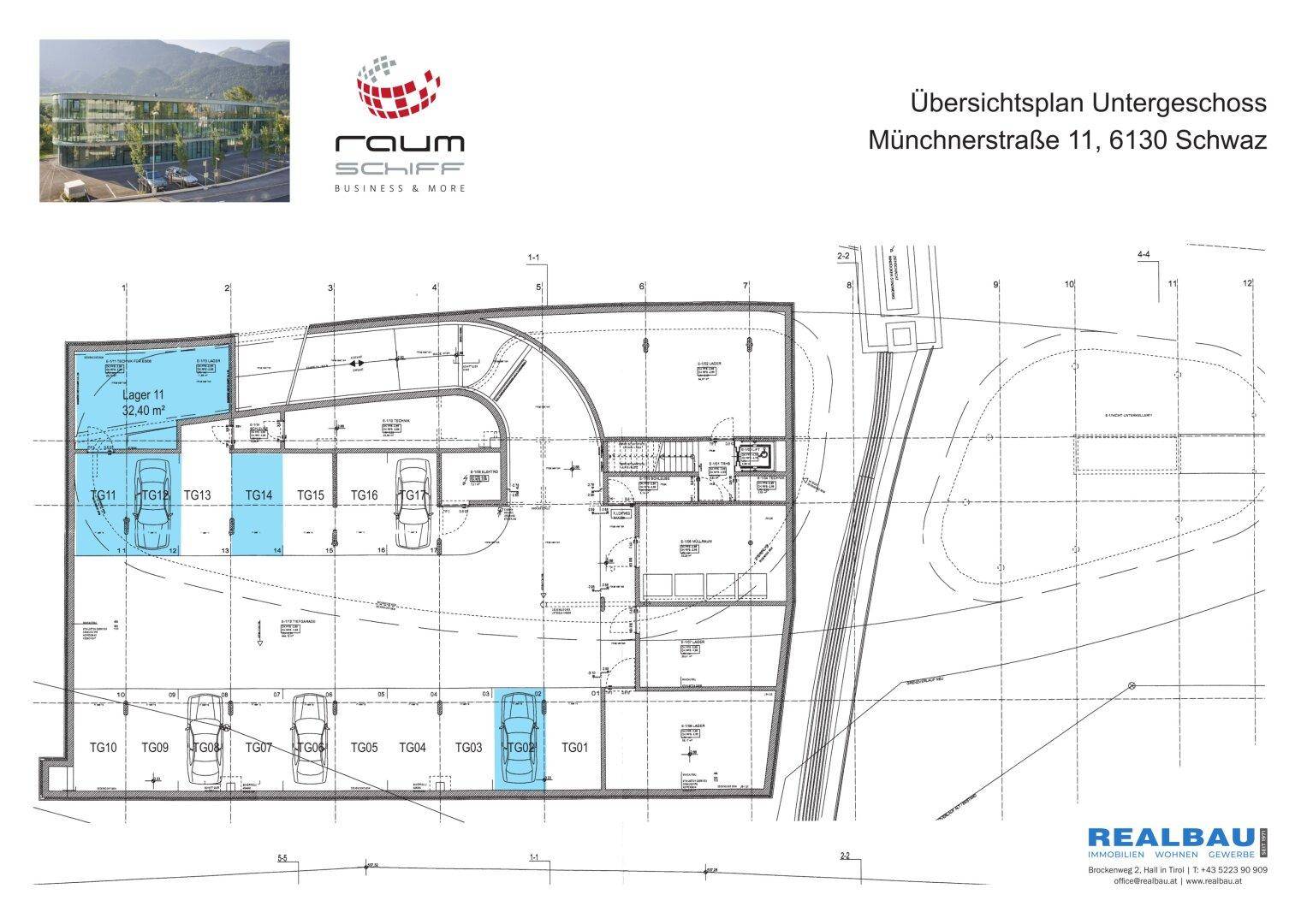 Grundriss des Untergeschosses mit Tiefgarage und Lagerflächen.