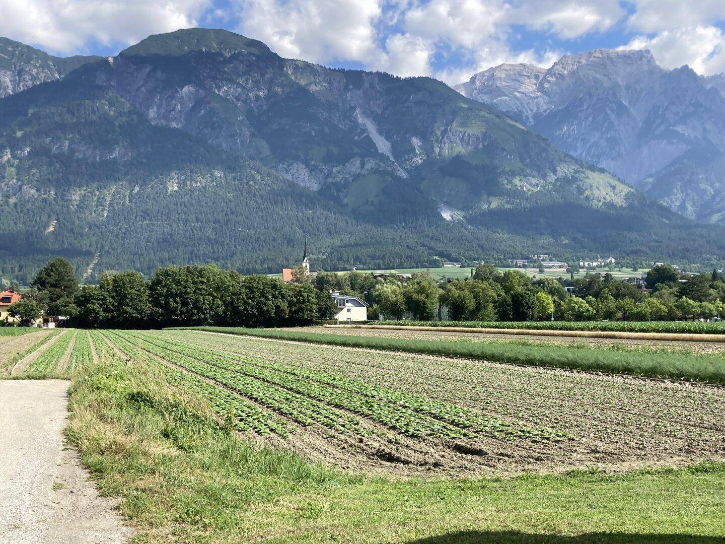 Weitläufige Felder mit beeindruckendem Bergpanorama und einem Dorf in der Ferne unter blauem Himmel.