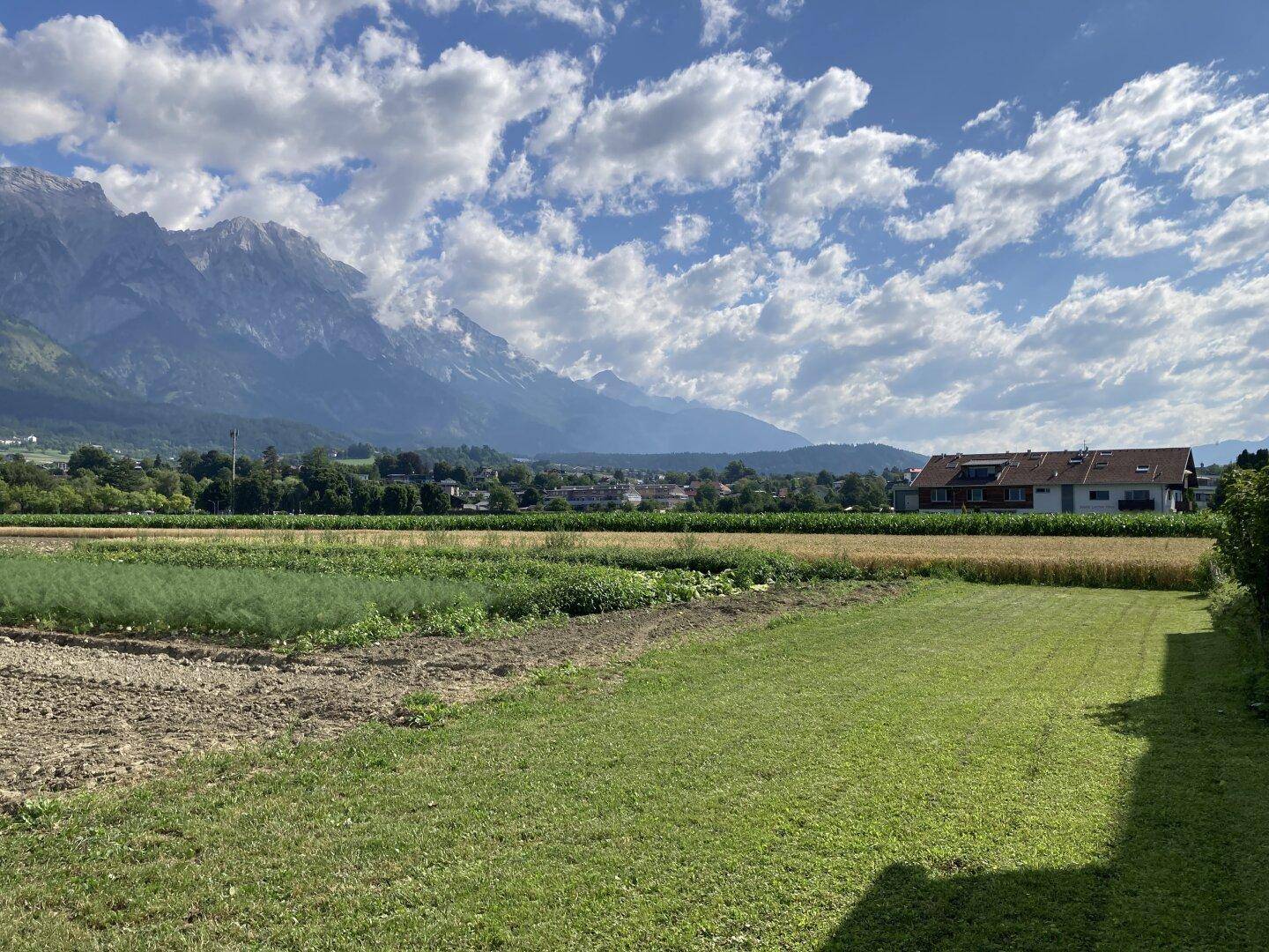 Gepflegter Rasenbereich grenzt an Felder mit weitem Blick auf die majestätische Bergkette im Hintergrund.