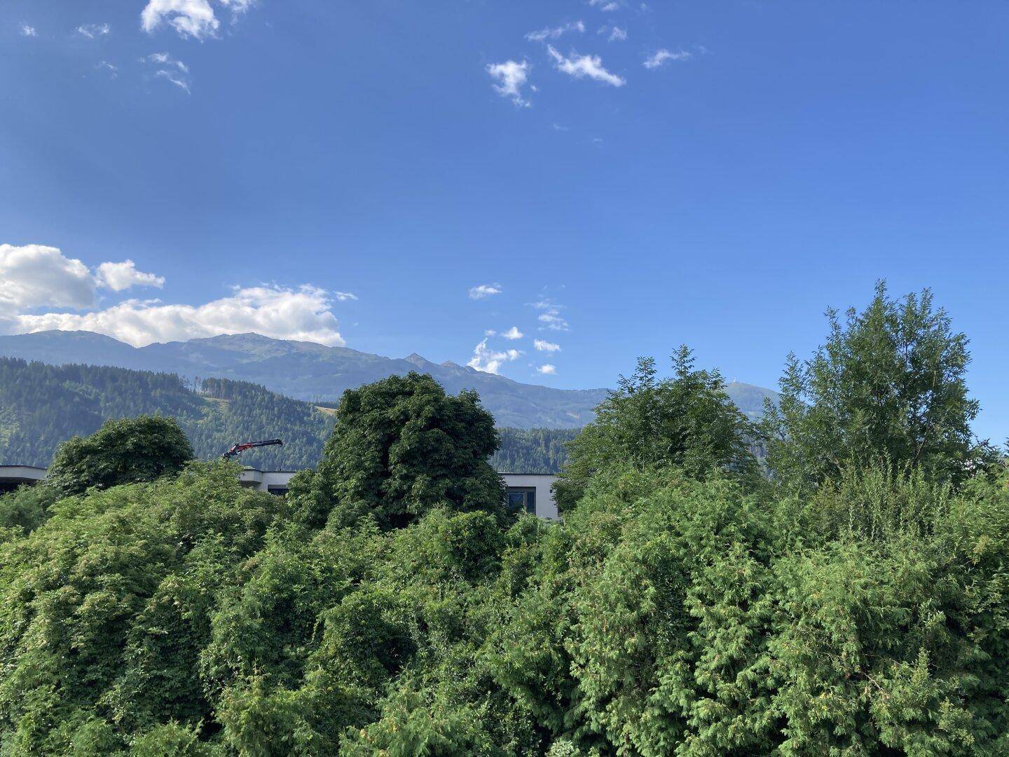 Blick auf die Berge mit üppiger grüner Vegetation im Vordergrund unter blauem Himmel.