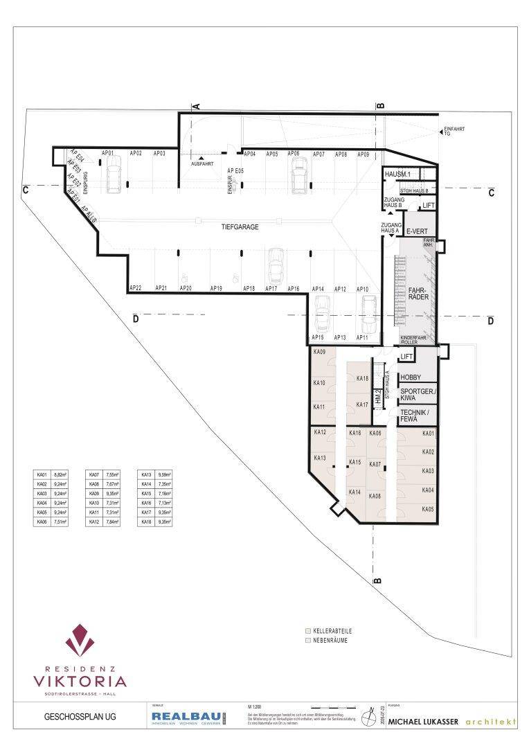Grundriss des Untergeschosses mit Tiefgarage, Kellerabteilen und Technikräumen.
