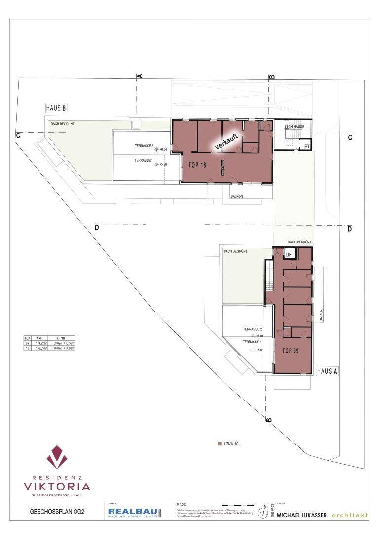Grundriss des zweiten Obergeschosses mit Wohneinheiten, Terrassen und Balkonen.