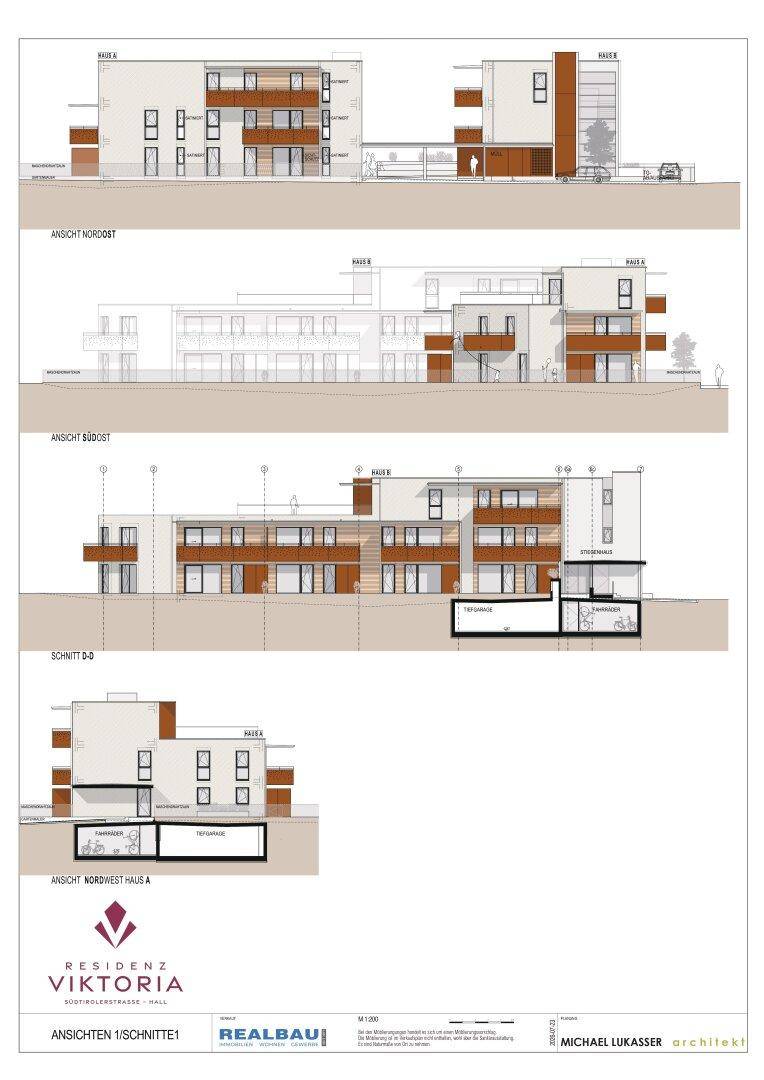 Architektonische Ansichten und Schnitte der Gebäude A und B mit modernen Fassadenelementen.