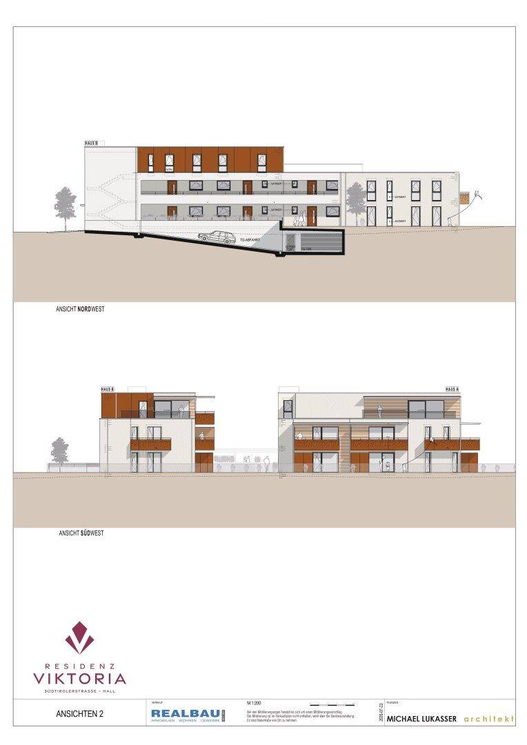 Weitere architektonische Ansichten der Gebäude A und B mit Balkonen und Terrassen.