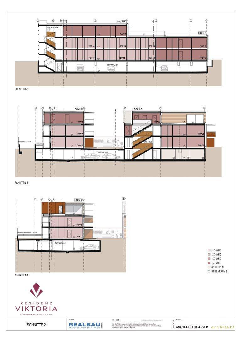 Architektonische Schnitte der Gebäude A und B, die die interne Struktur und Geschosse zeigen.