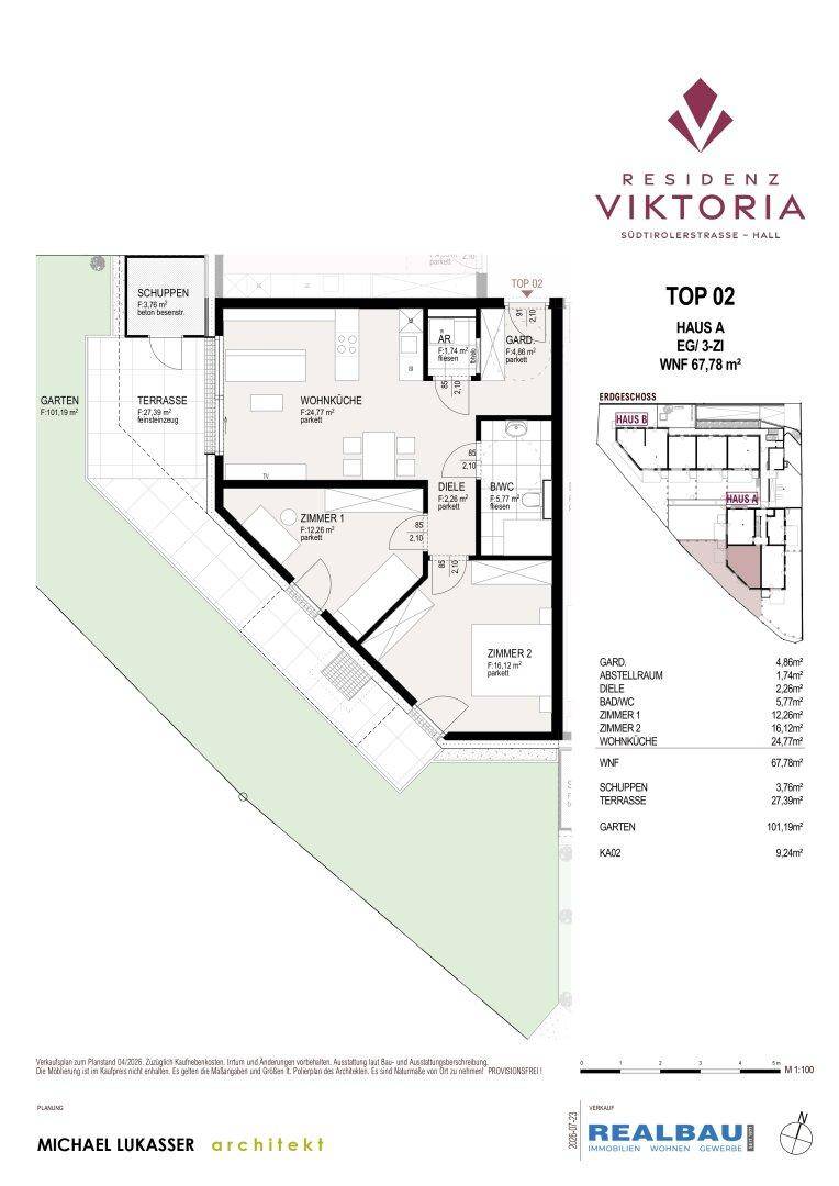 Detaillierter Grundriss für Wohnung TOP 02 in Haus A mit Terrasse und Gartenanteil.