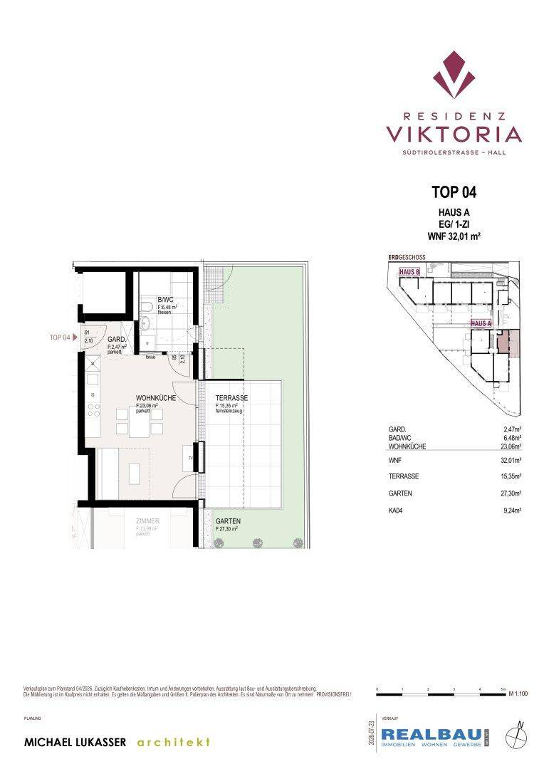Grundriss von TOP 04 in Haus A, zeigt Wohnküche, Bad, Terrasse und Gartenbereich.