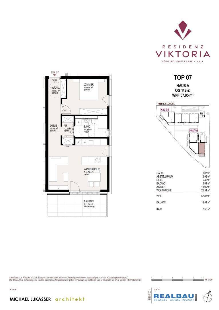 Grundriss einer 2-Zimmer-Wohnung mit offenem Wohn-Essbereich, Schlafzimmer, Bad und Balkon.