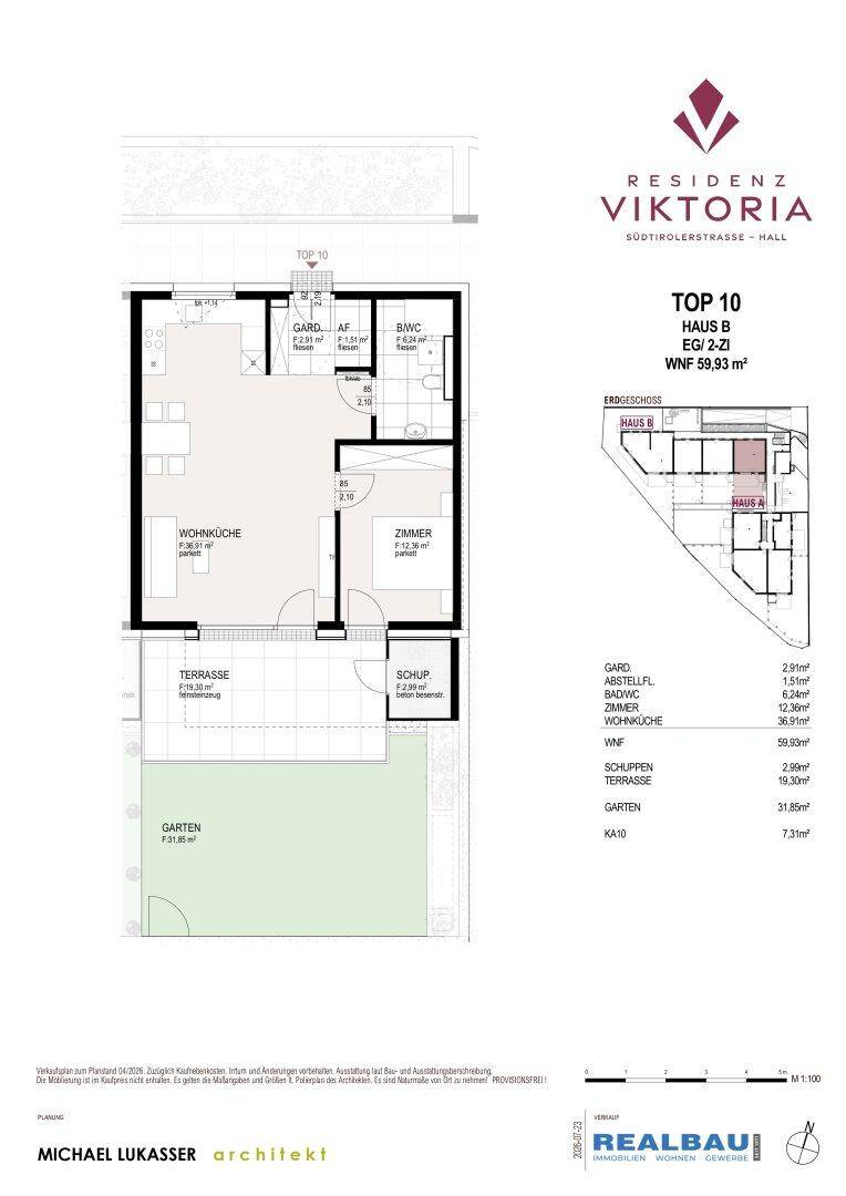 Grundriss der Wohnung TOP 10 mit offener Wohnküche, Schlafzimmer, Bad, Terrasse und Garten.