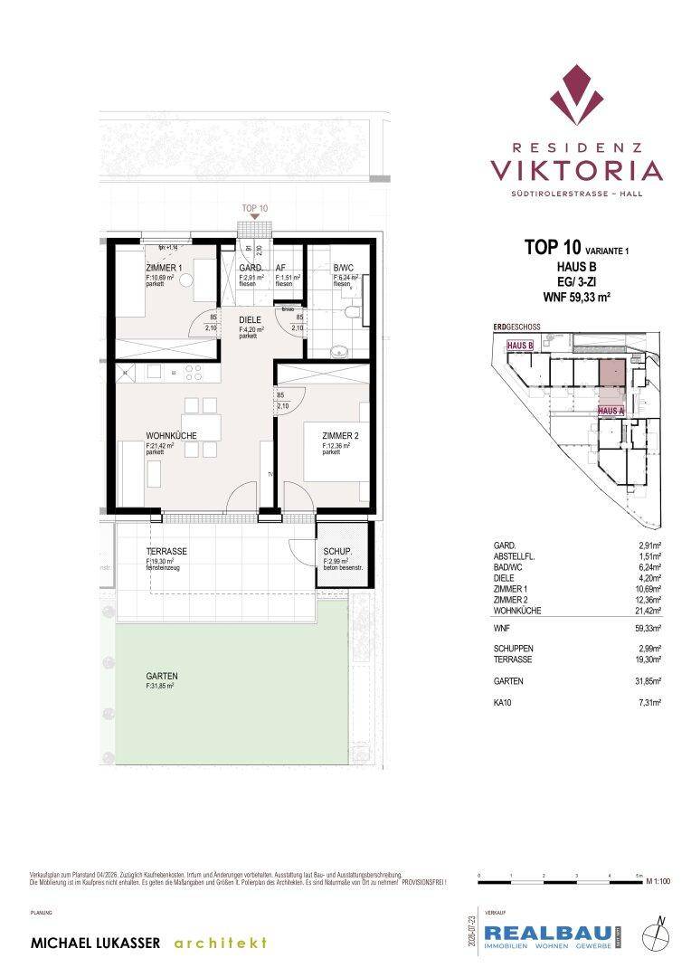 Grundriss einer Erdgeschosswohnung mit zwei Schlafzimmern, offener Wohnküche, Bad, separatem WC, Terrasse und Gartenanteil.