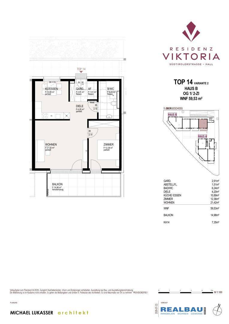 Grundriss von TOP 14 Variante 2 zeigt eine Wohnung mit Wohnzimmer, Zimmer, Küche, Bad und Balkon.