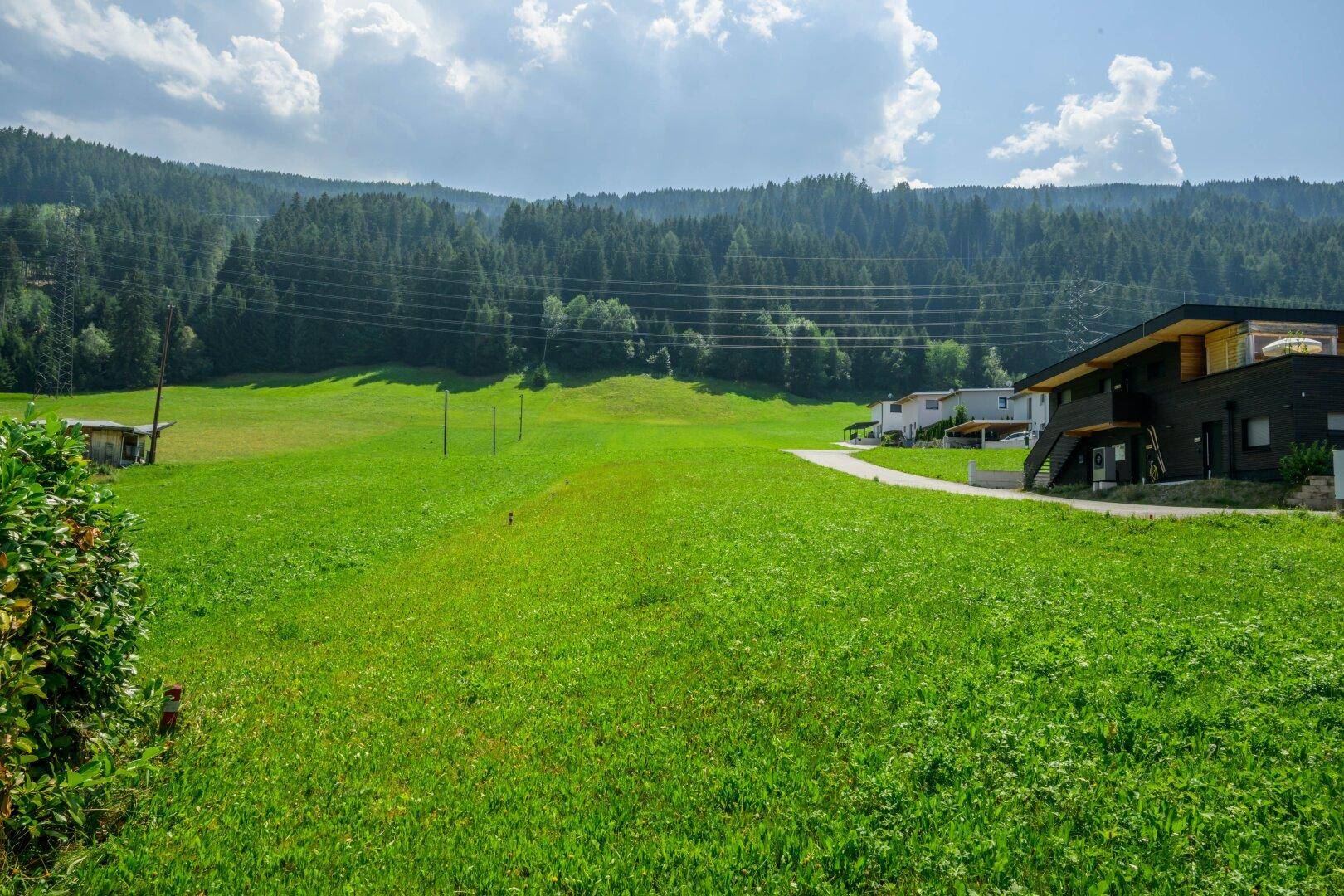 Weitläufige grüne Wiese mit einem modernen Haus und einem bewaldeten Berghang im Hintergrund.