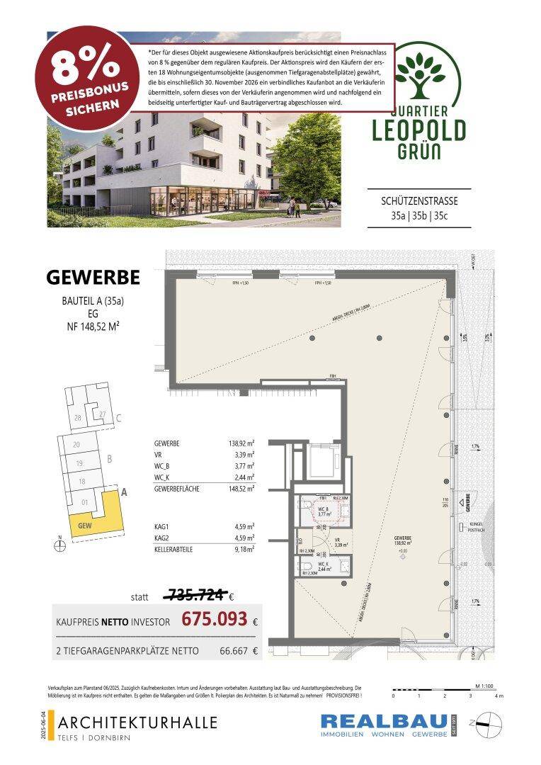 Grundriss einer Gewerbeeinheit im Erdgeschoss mit einer Nutzfläche von 148,52 m² in einem modernen Neubau.