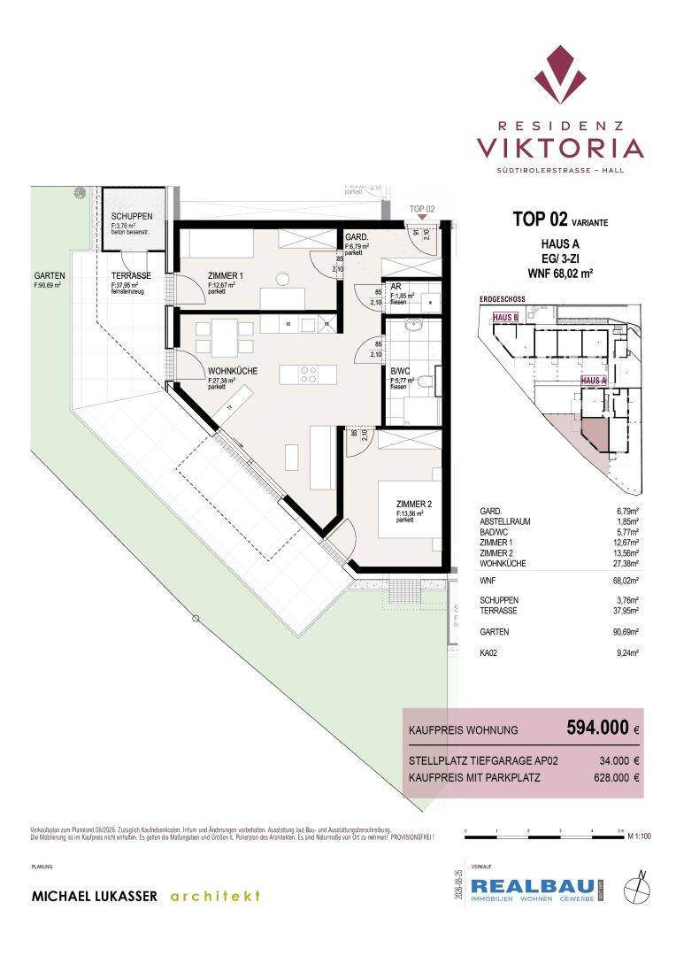 Grundriss einer Wohnung mit offener Wohnküche, zwei Zimmern, Bad, Terrasse und Gartenanteil.