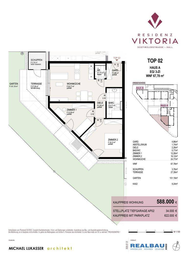 Grundriss einer Wohnung mit offener Wohnküche, zwei Zimmern, Bad, Terrasse und Gartenanteil.