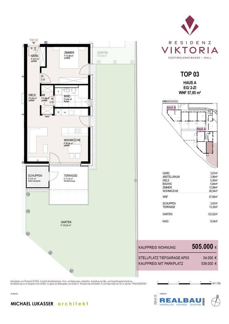 Grundriss der Erdgeschosswohnung TOP 03 mit Garten, Terrasse und offenem Wohnbereich.
