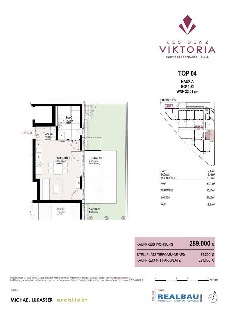 Grundrissplan einer Wohnung mit offener Wohnküche, einem Zimmer, Bad, Terrasse und Garten.