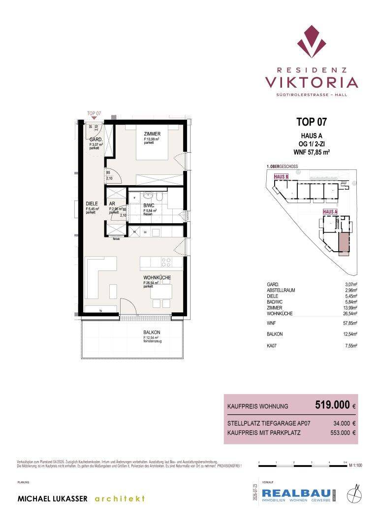 Detaillierter Grundriss einer modernen Wohnung mit offenem Wohnküchenbereich, einem Schlafzimmer und großem Balkon.