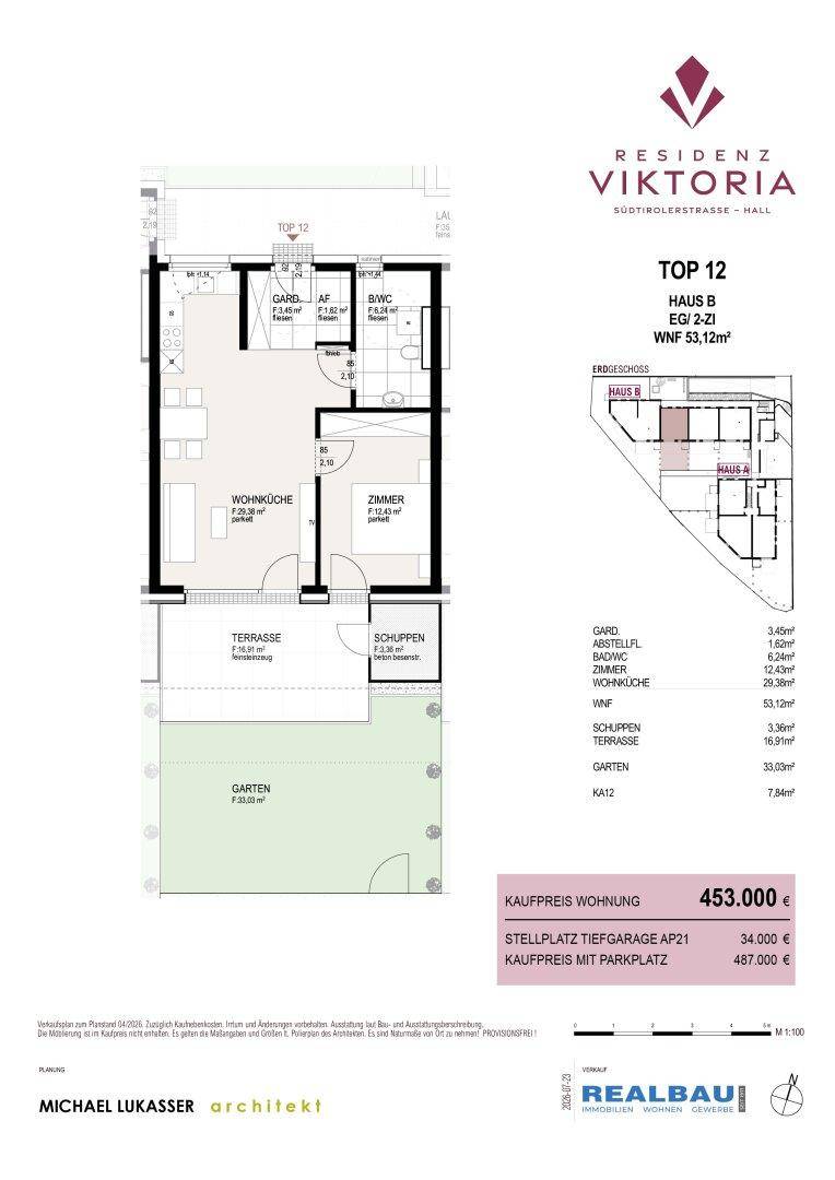 Grundriss von Top 12 mit offener Wohnküche, Schlafzimmer, Bad, Terrasse und eigenem Gartenbereich.
