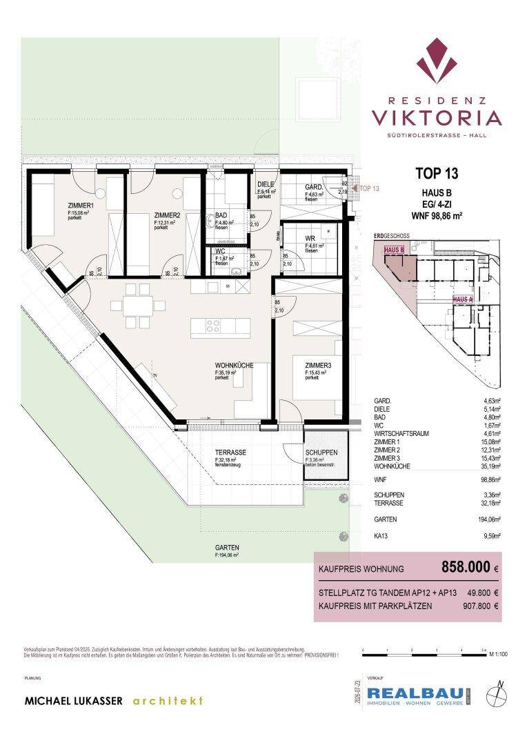 Grundriss einer modernen Wohnung mit offener Wohnküche, drei Schlafzimmern, Bad, separatem WC, Terrasse und großem Garten.