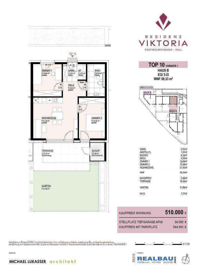 Grundriss einer Wohnung mit offener Wohnküche, zwei Zimmern, Bad, Terrasse und Garten.
