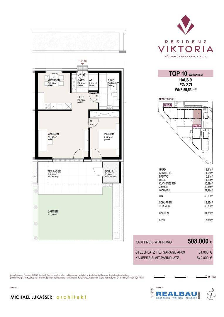 Grundriss einer 2-Zimmer-Erdgeschosswohnung mit Terrasse, Garten und separatem Abstellraum.