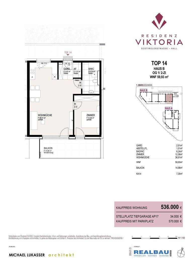 Grundriss der Wohnung TOP 14 mit offener Wohnküche, einem Schlafzimmer, Bad und Balkon.