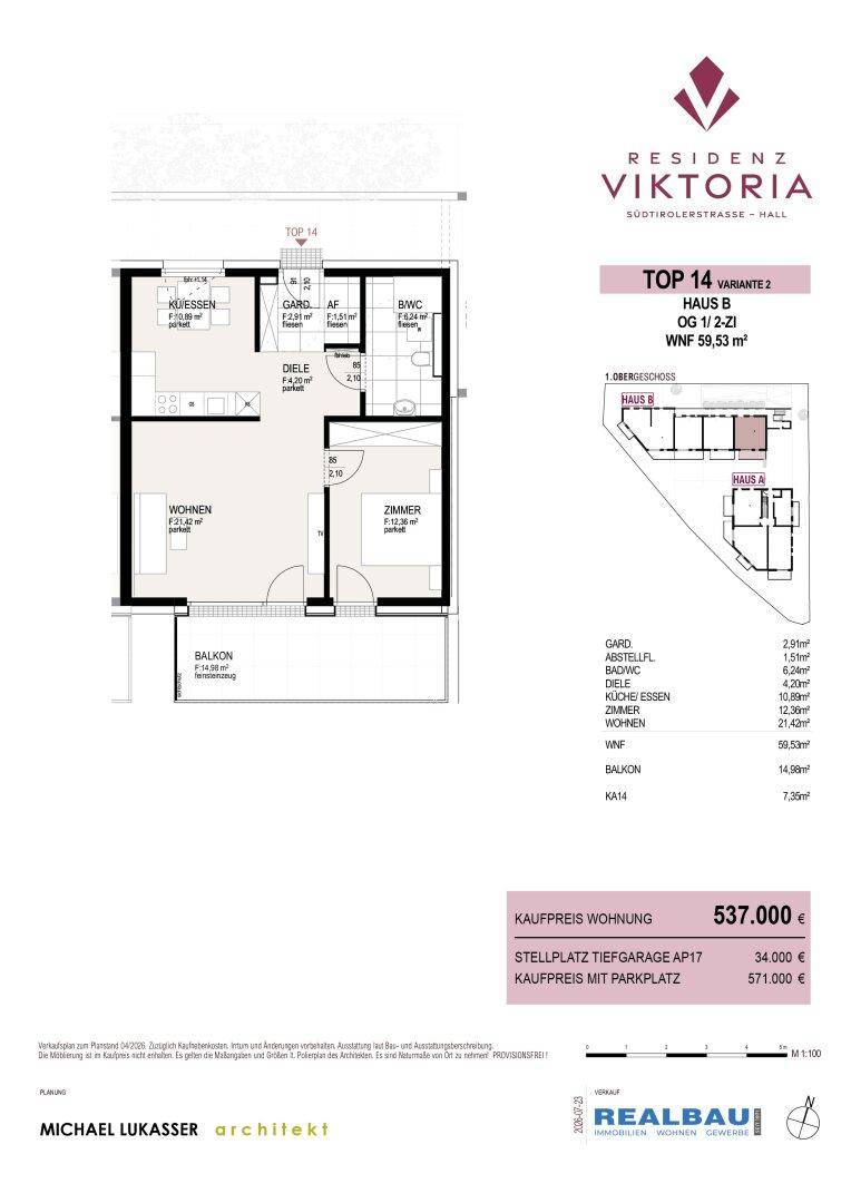 Grundriss einer modernen Wohnung mit einem Schlafzimmer, offenem Wohnbereich, Küche und Balkon.