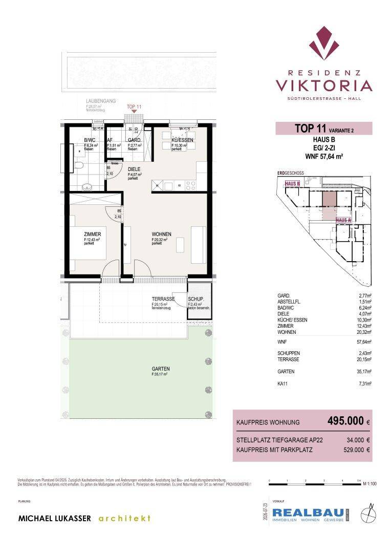 Grundriss der Wohnung Top 11 mit offenem Wohnbereich, einem Schlafzimmer, Bad, Terrasse und eigenem Garten.
