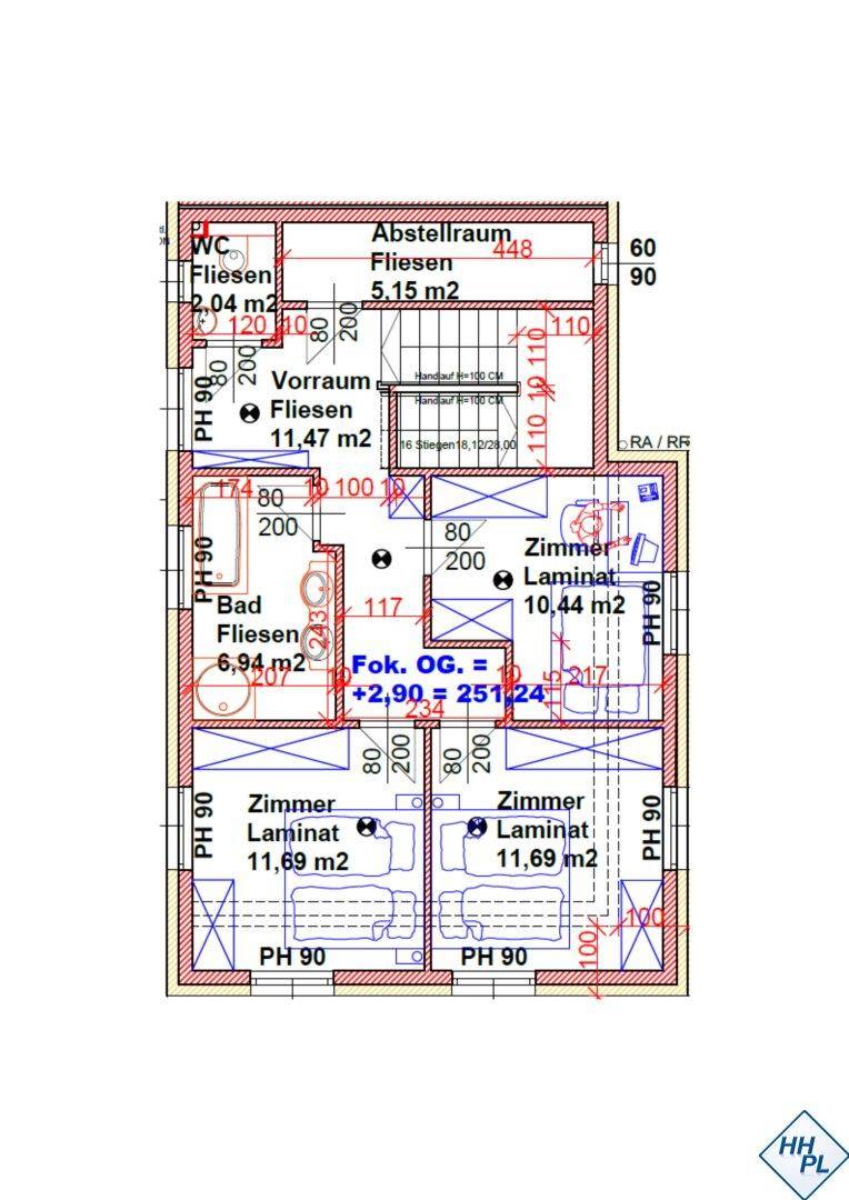 Grundriss des Obergeschosses mit drei Schlafzimmern, Badezimmer und Abstellraum.