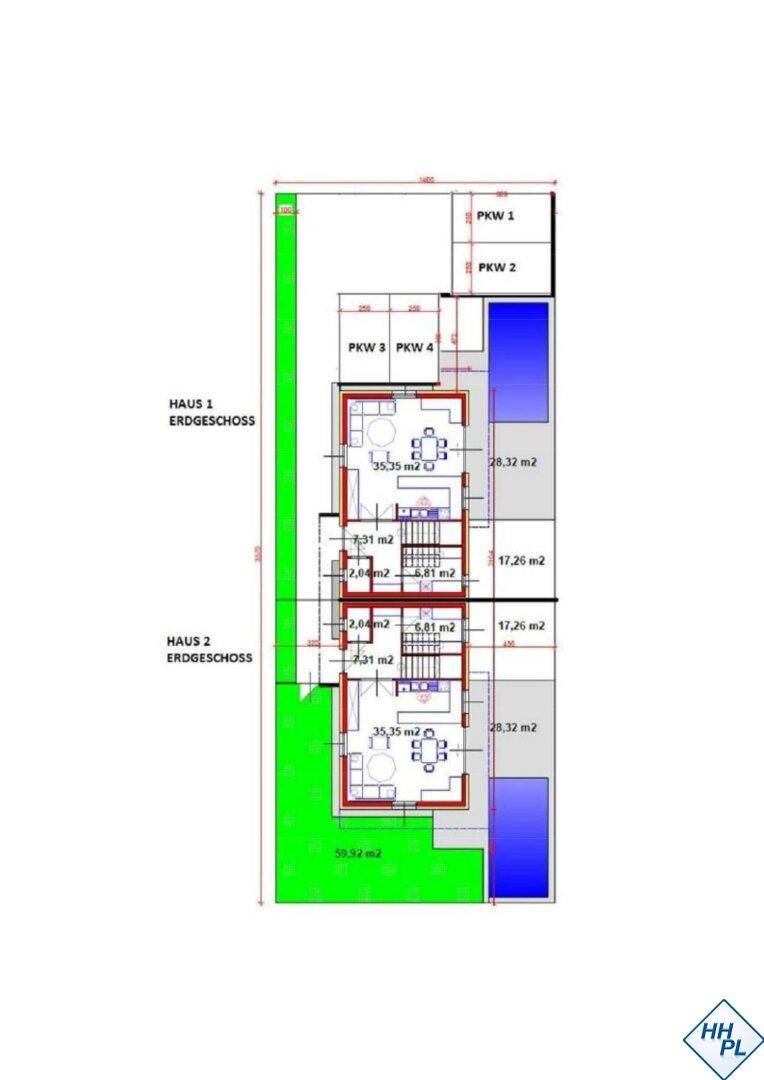 Gesamtübersichtsplan der Doppelhaushälften mit Erdgeschoss-Layouts und Außenbereichen.