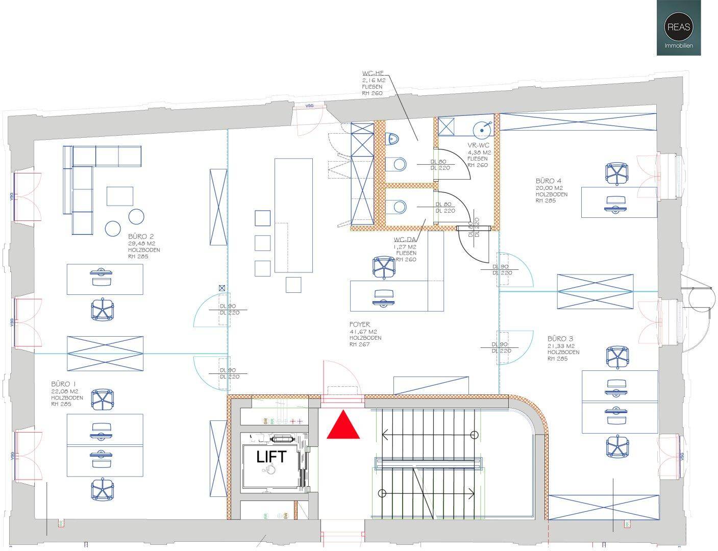Detaillierter Grundriss einer Büroetage mit mehreren Büros, Foyer und Sanitäranlagen.