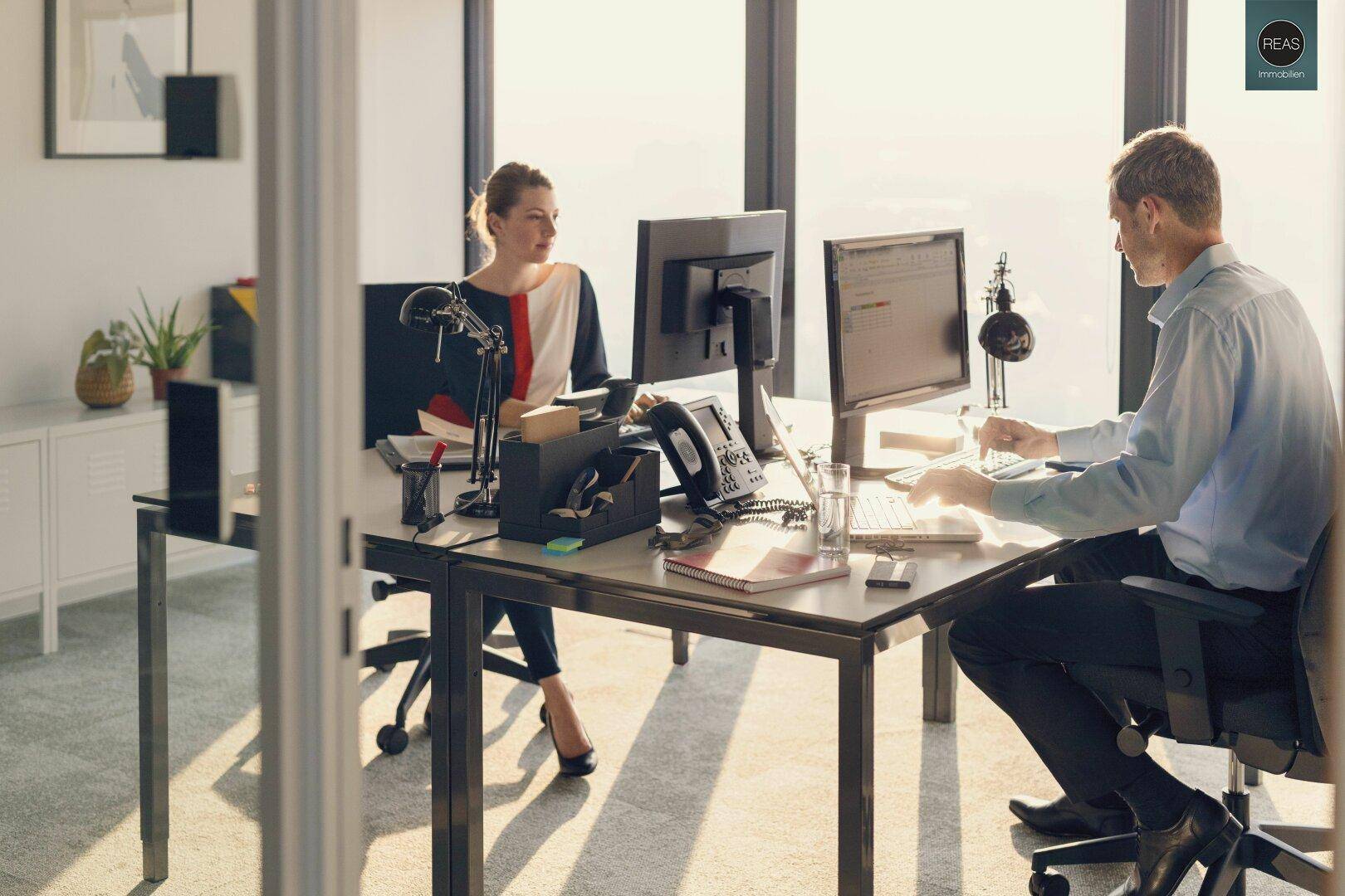 Zwei Personen arbeiten an Schreibtischen in einem hellen Büro mit großen Fenstern.