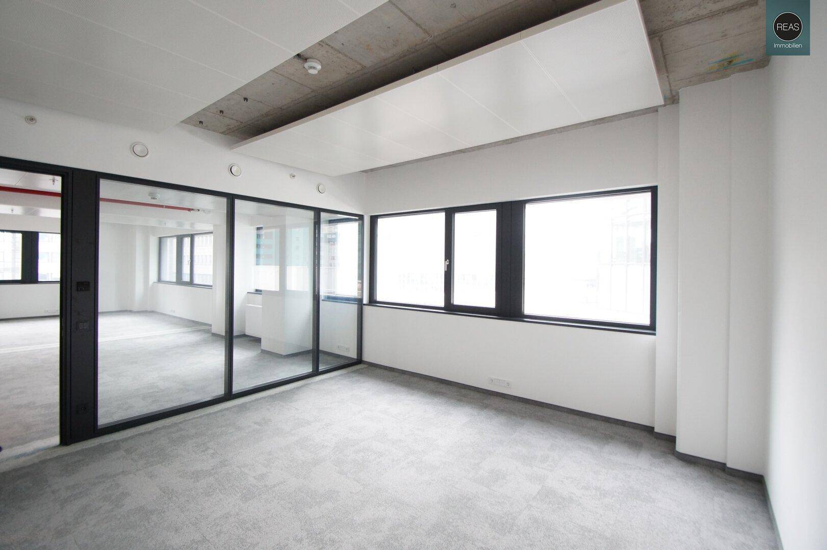 Helles Büro mit Glaswänden und großen Fenstern, bietet eine offene und lichtdurchflutete Arbeitsatmosphäre.