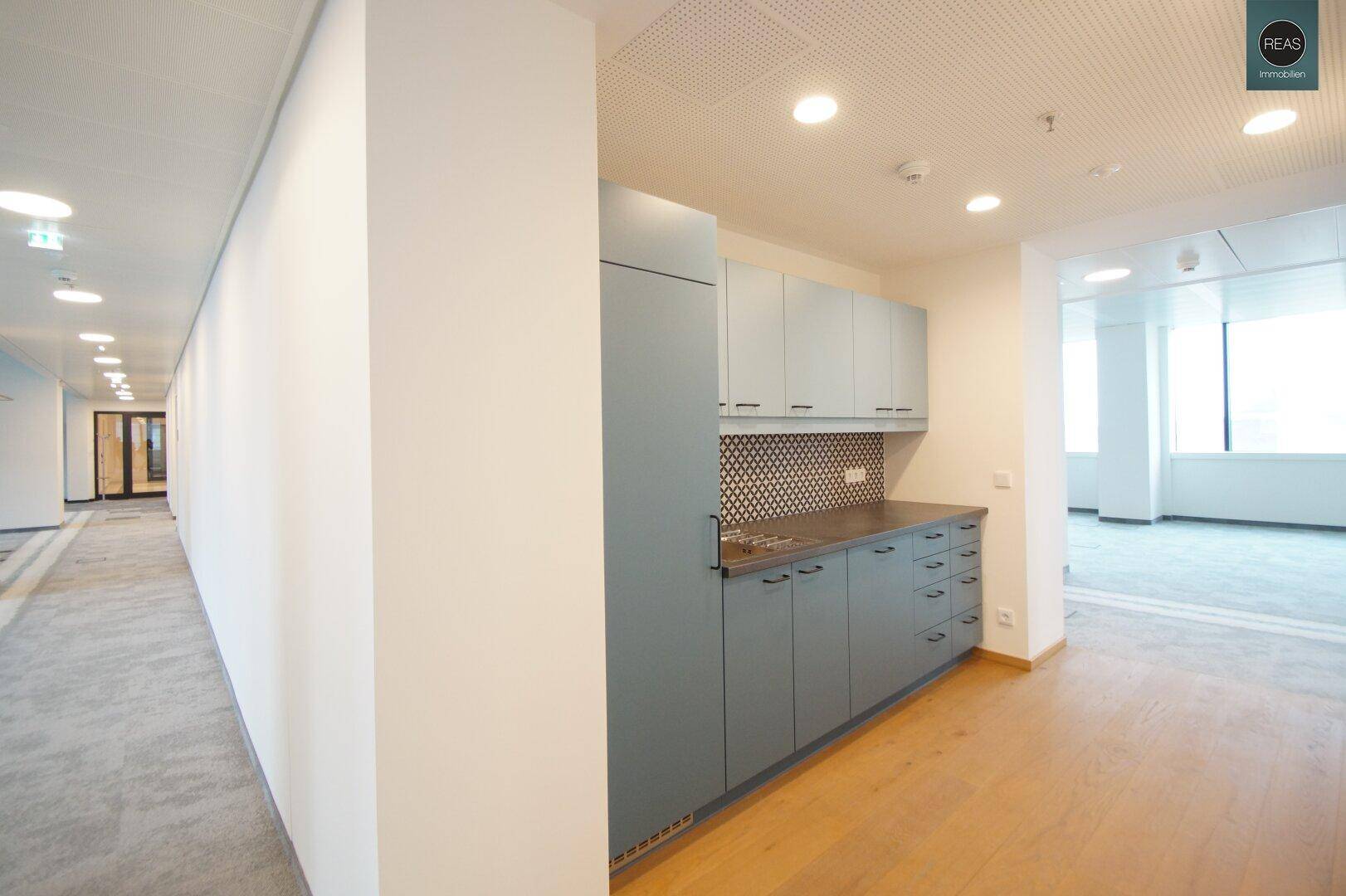 Moderne Teeküche mit blauen Schränken und Holzboden, ideal für kurze Pausen.