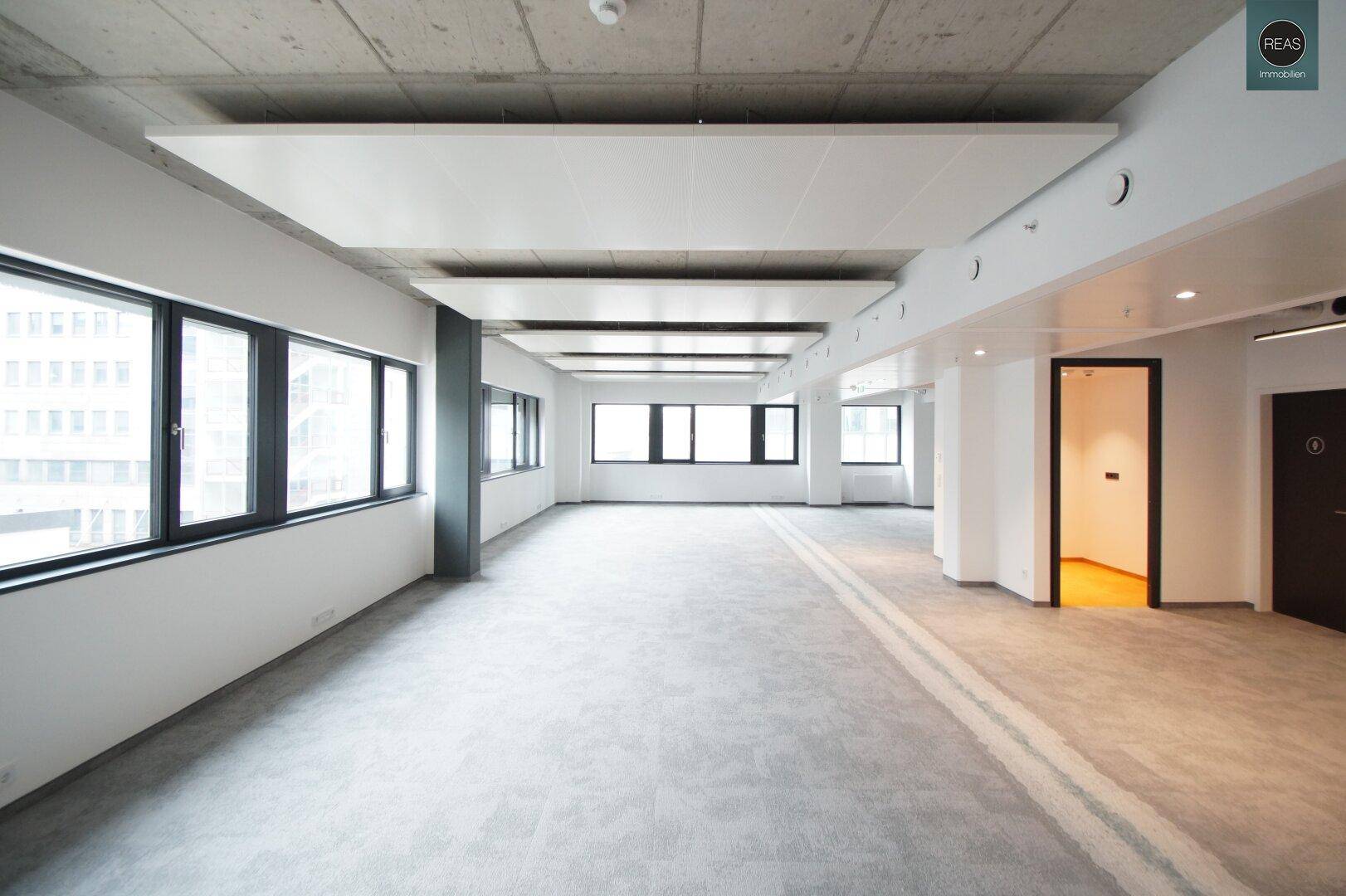 Großes, leeres Büro mit Teppichboden und vielen Fenstern, bereit für die individuelle Gestaltung.