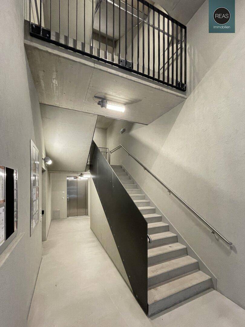 Modernes Treppenhaus mit Betonstufen, Metallgeländer und einem Aufzug im Hintergrund.