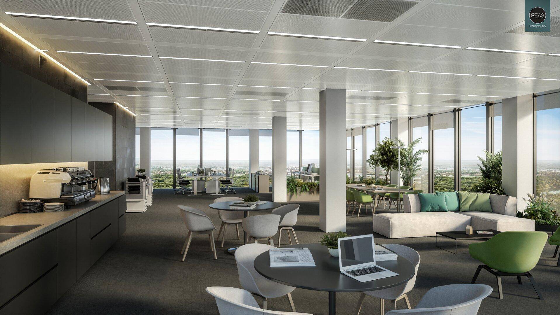 Moderne Lounge-Zone in einem Bürogebäude mit bequemen Sitzgelegenheiten und Kaffeebar.