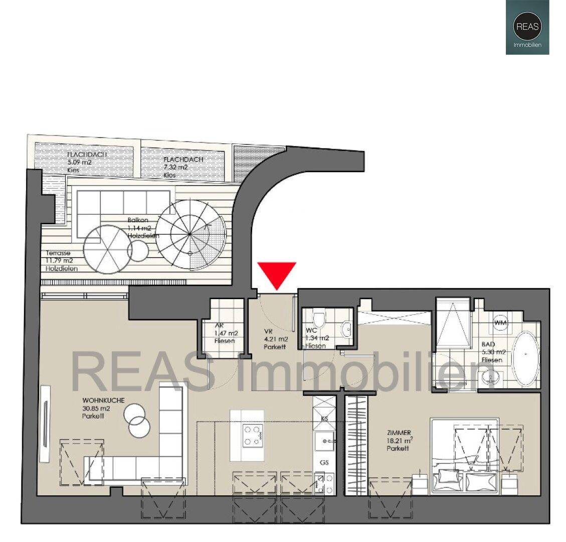 Grundriss einer Wohnung mit offener Wohnküche, Schlafzimmer, Bad und großer Dachterrasse.