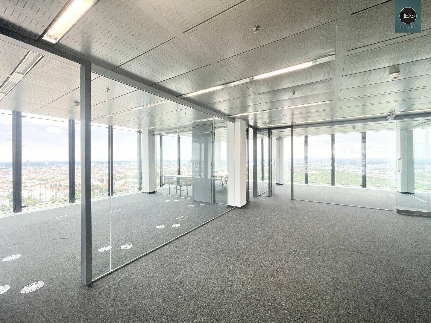 Moderner Büroraum mit Glaswänden und Teppichboden, bietet einen weiten Blick über die Stadt.