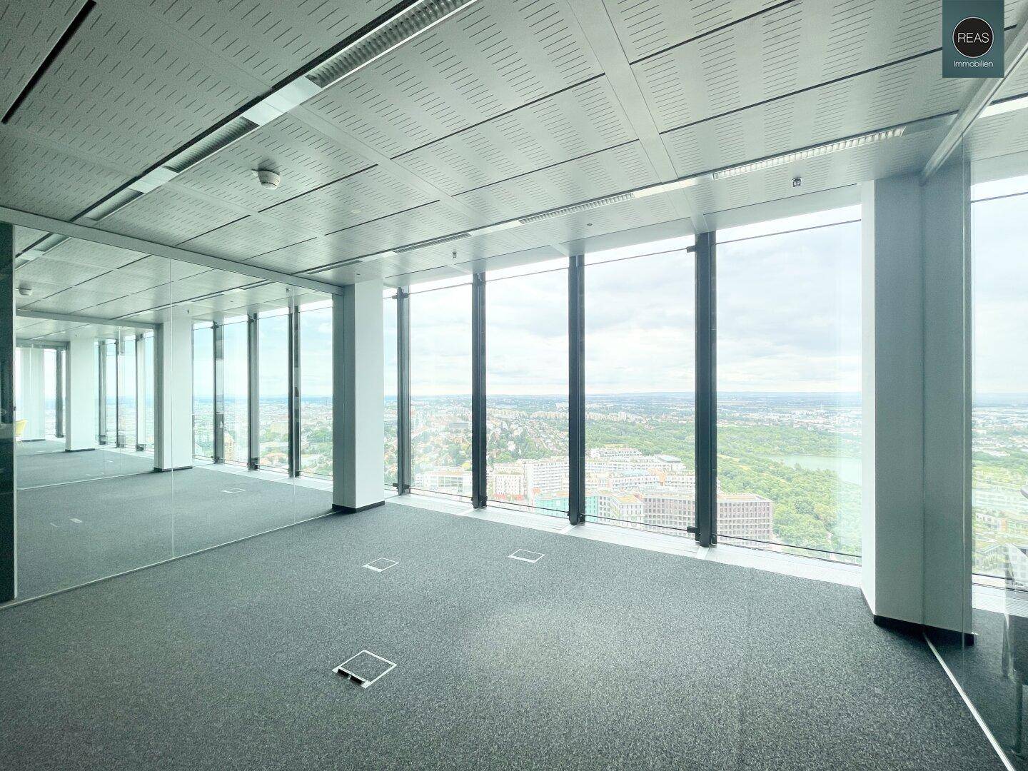 Leerer Büroraum mit Teppichboden und raumhohen Fenstern, die einen weiten Blick über die Stadt bieten.