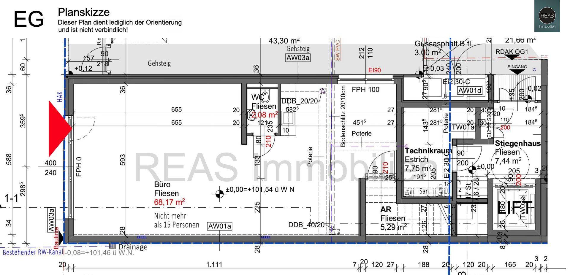 Grundriss des Erdgeschosses mit Büro, WC, Technikraum und Stiegenhaus, inklusive Aufzug.