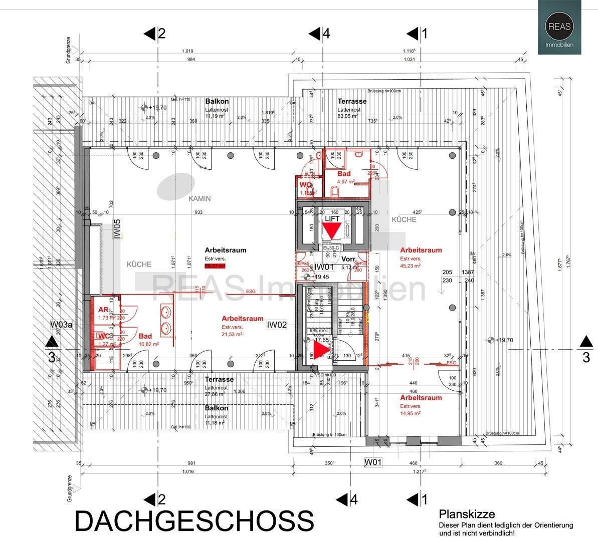 Detaillierter Grundriss des Dachgeschosses mit Balkonen, Terrassen und verschiedenen Räumen für flexible Nutzung.