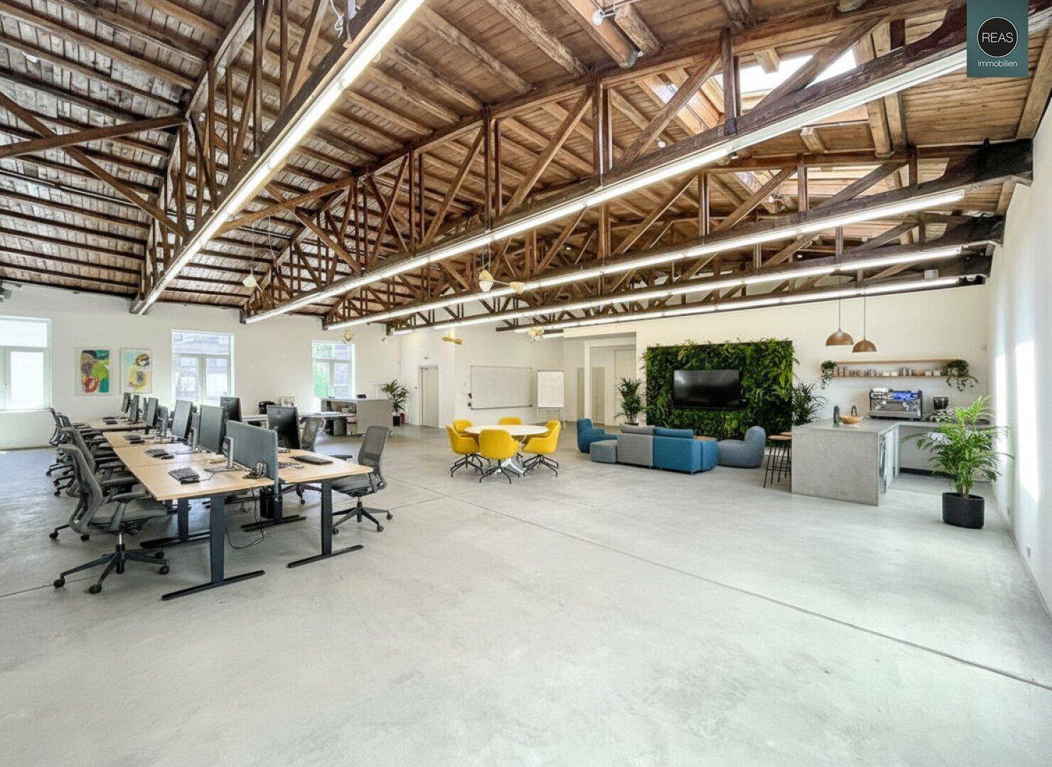 Offener Bürobereich mit Arbeitsplätzen, Lounge-Ecke und einer grünen Wand als Akzent.